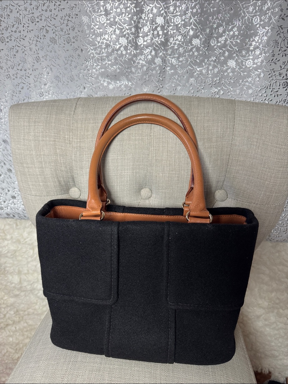 kate spade Black Wool Tote with Tan Leather Trim and Toggle Accents - Picture 3 of 7